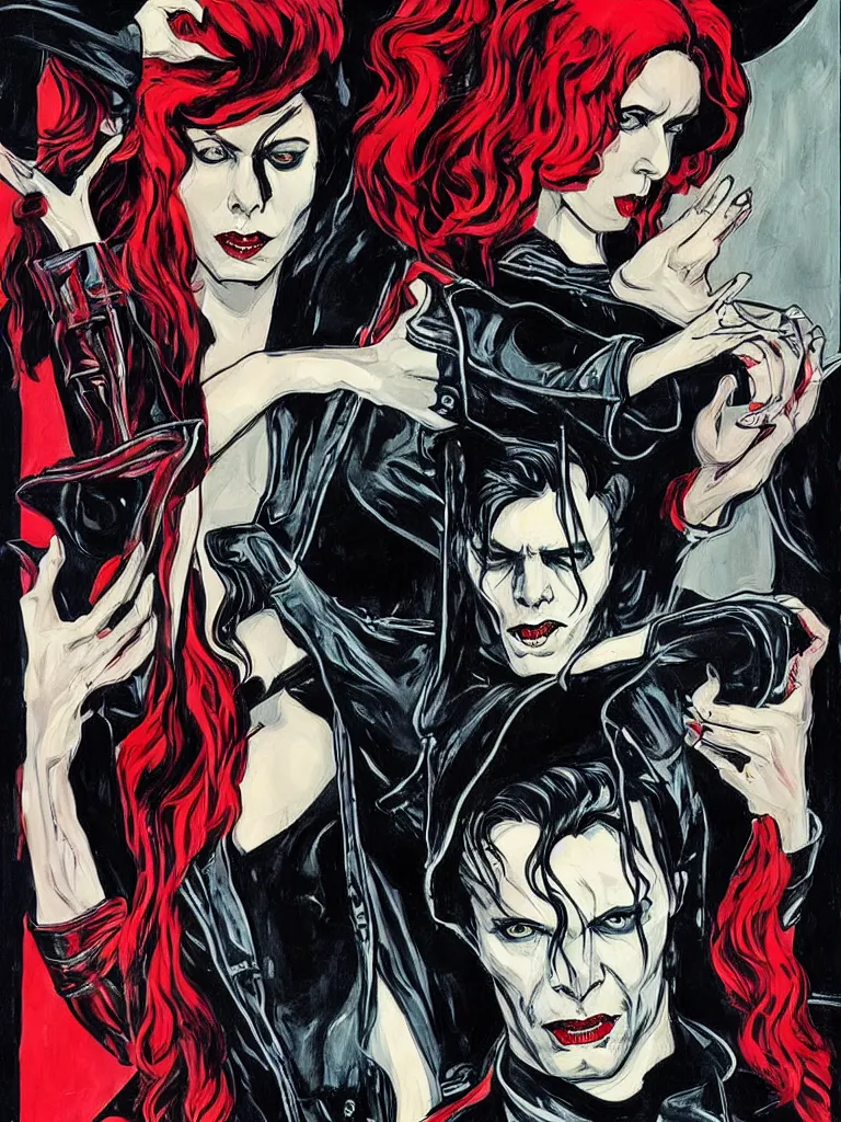 Image similar to Rafael Albuquerque comic art, art nouveau, David Bowie, vampire, sharp teeth, leather jacket, jeans, long red hair, full body