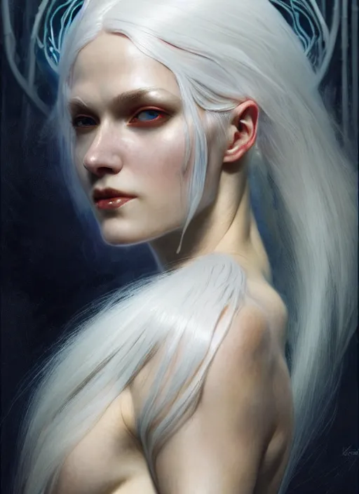 Prompt: organic cyborg, white hair, diffuse lighting, fantasy, intricate, elegant, highly detailed, lifelike, photorealistic, digital painting, artstation, illustration, concept art, smooth, sharp focus, art by John Collier and Albert Aublet and Krenz Cushart and Artem Demura and Alphonse Mucha