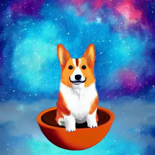 Image similar to corgi puppy floating in space, cosmic, calm, beautiful digital painting