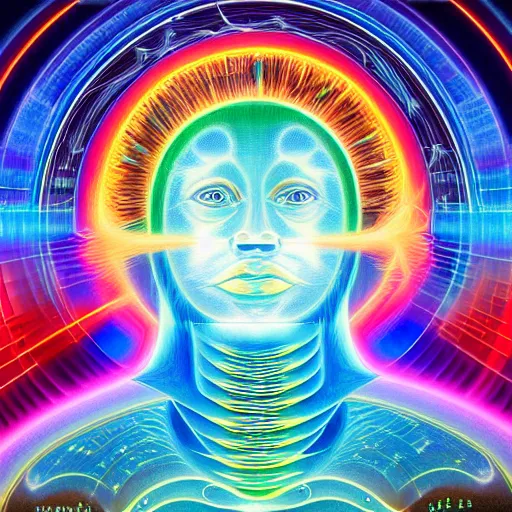 Prompt: humankind transcendence into collaborative intelligence, group intelligence, ai, by alex grey, album cover, award winning, beautiful, colorful, volumetric lighting, trending on artstation