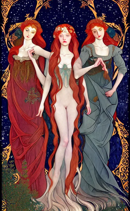 Prompt: 3 Figures as Winter Spirits, style is a blend of Ivan Bilibin, Botticelli, and John Singer Sargent, inspired by pre-raphaelite paintings, shoujo manga, and Slavic folk fairytale aesthetic, dark and moody colors, hyper detailed, super fine inking lines, 4K extremely photorealistic digital art