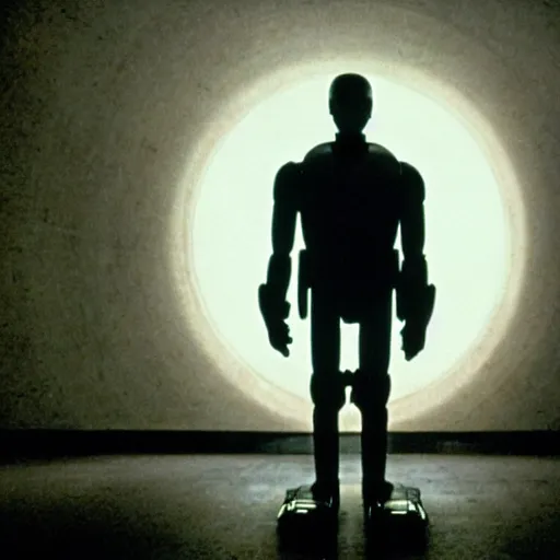 Image similar to movie scene of a man with a robot head, menacing, movie still, cinematic composition, cinematic light, criterion collection, reimagined by industrial light and magic, Movie by David Lynch and Ridley Scott