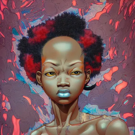 Image similar to afropunk portrait soft light painted by james jean and katsuhiro otomo and erik jones, inspired by akira anime, smooth face feature, intricate oil painting, high detail illustration, sharp high detail, manga and anime 1 9 9 9