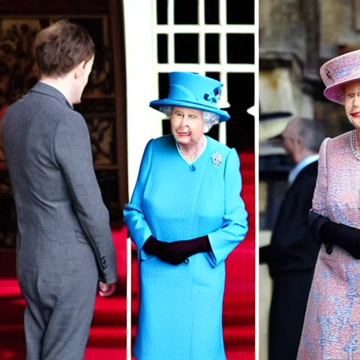 Image similar to queen elizabeth the second meeting an alien with three eyes at windsor castle, photos released by the sun uk