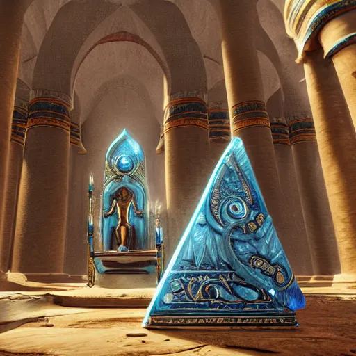 Image similar to fantasy movie scene greg rutkowski digital painting of an ornate and royal egyptian old twisted ornate runed wooden staff weapon with a blue crystal at it's tip laying on a stone altar, unreal engine, hyper realism, realistic shading, cinematic composition, blender render, octane render, hdr, detailed textures, photorealistic, 3 5 mm film