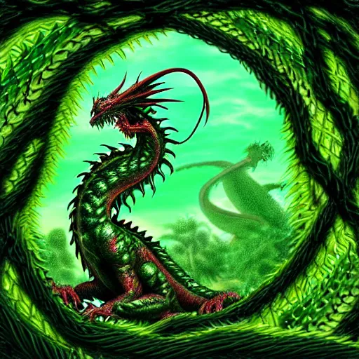 Prompt: Green Dragon Made of Vines and Plant Matter Guarding a Wizard's Magical Garden, Fantasy, Digital Art