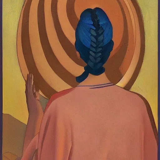 Image similar to Art installation. a woman is shown from behind, her body slightly blurred as if in motion. Her long hair cascades down her back, and she is holding a small bird in her hand. by Nicholas Roerich daring