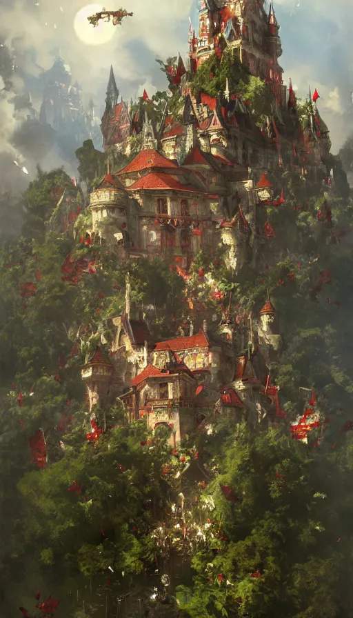 Image similar to castle seen from the sky being attacked by huge red army, cyberpunk, design on white background, beautiful details, lush foliage, drawn by john singer sargent, tom bagshaw, norman rockwell, alphonso mucha, lolish, trending on artstation