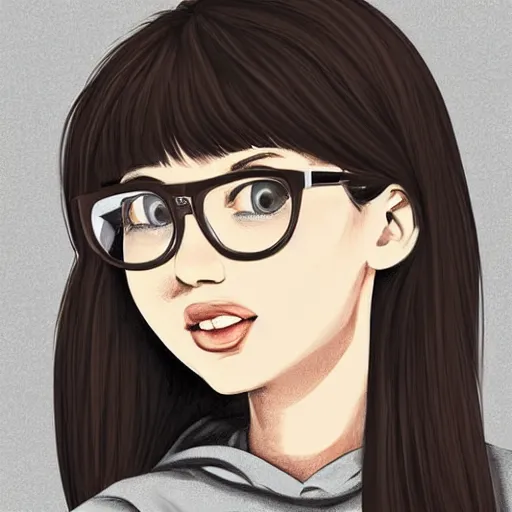 Prompt: portrait of a teenage girl with bangs, brown hair and bangs, round silver glasses with thin rims, wearing a gray hoodie with black sleeves, digital art, elegant pose, illustration with thick lineart