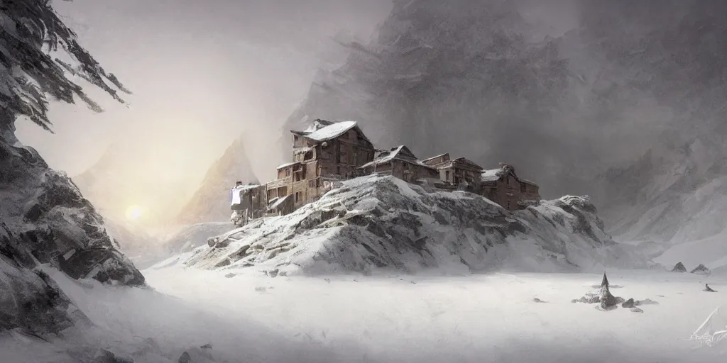 Image similar to 2 0 6 5 abandoned old base in a snowy mountains, landscale, concept art, illustration, highly detailed, artwork, hyper realistic, in style of ivan aivazovsky