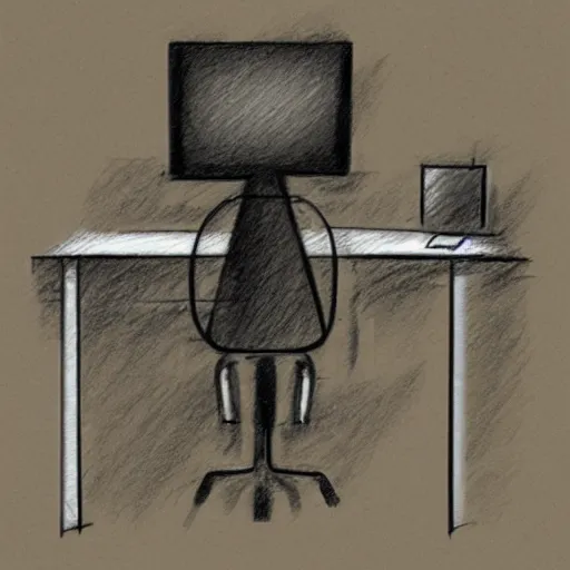 Prompt: a website designer sat in front of a computer desk pencil sketch