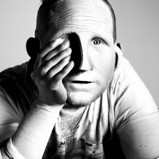 Prompt: studio photo of corey taylor without eyebrows, studio portrait