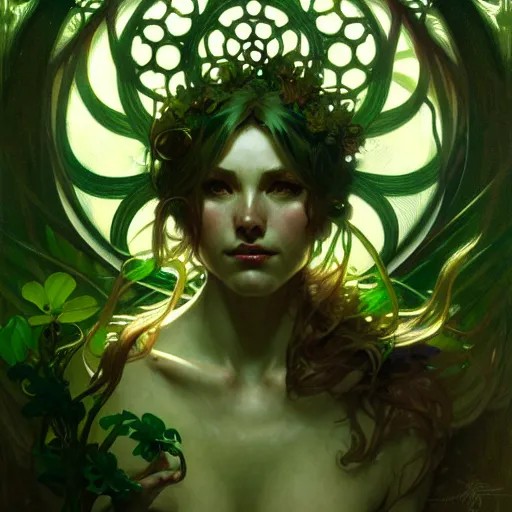 Image similar to Green Man, druid, fantasy, intricate, elegant, highly detailed, digital painting, artstation, concept art, smooth, sharp focus, illustration, art by Krenz Cushart and Artem Demura and alphonse mucha