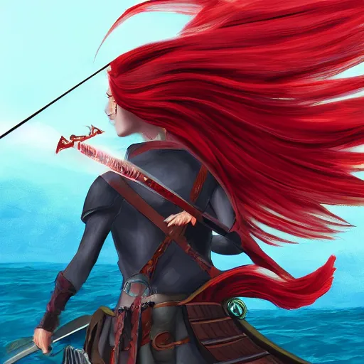 Prompt: Digital painting of a red haired rogue duel wielding scimitars on the helm of a boat with a spectral bird on her shoulder