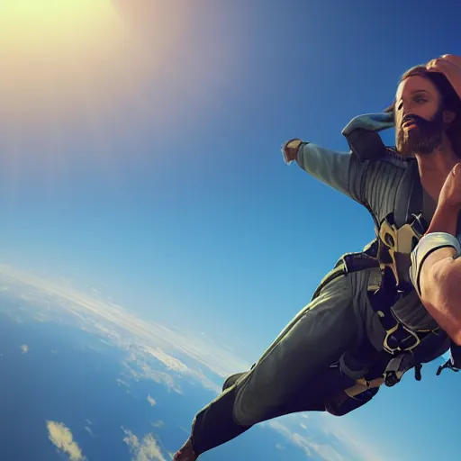 Prompt: portrait of jesus skydiving, realistic artstyle, wide shot, dramatic lighting, octane render, hyperrealistic, high quality, highly detailed, HD, beautiful, cinematic, 8k, unreal engine, facial accuracy, anatomical accuracy, symmetrical