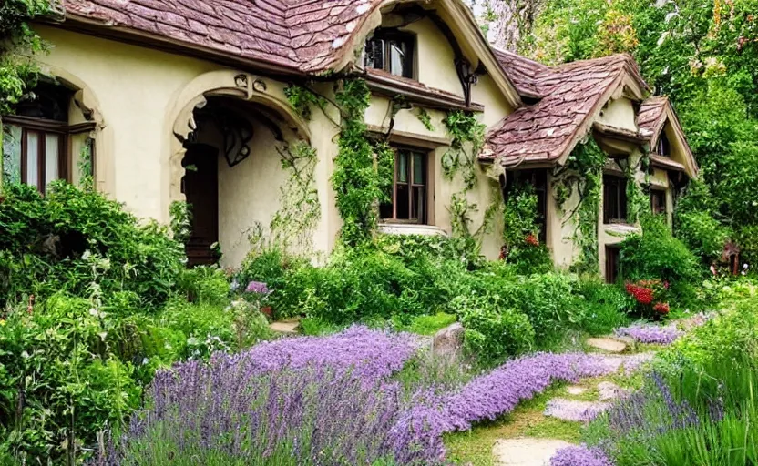 Prompt: cottage style house exterior, lush and green environment, art nouveau, garden with wild flowers and lavender, beige stucco walls, wooden timberwork, cobble stone path way, serene, bohemian