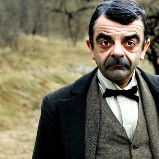 Image similar to Rowan Atkinson playing Daniel Plainview in There Will Be Blood