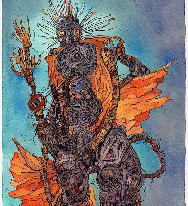 Prompt: a 3 / 4 view watercolor ink painting of a robot shaman / wizard casting a spell in the style of jean giraud in the style of moebius trending on artstation deviantart pinterest detailed realistic hd 8 k high resolution