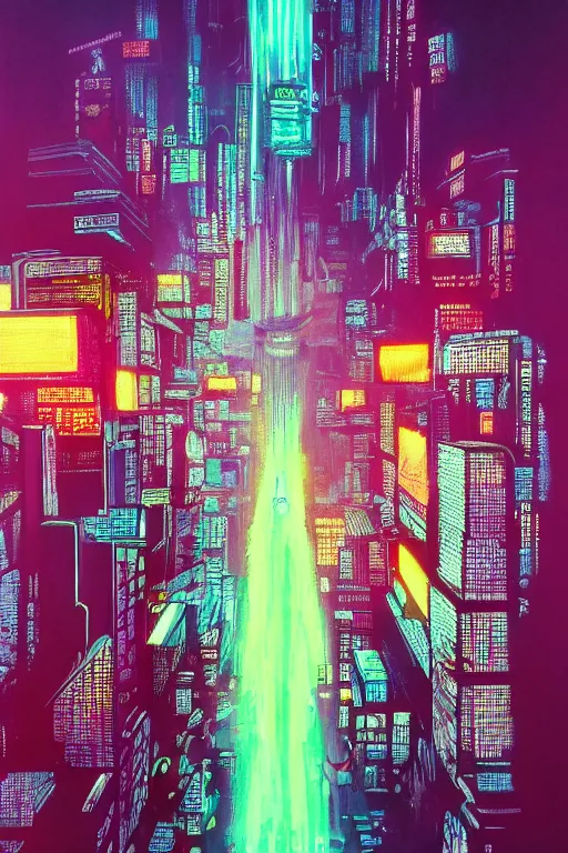 Image similar to cyberpunk city, painted by Danny Flynn and Kevin Wasden,trending on artstation, simple lighting camera view from above,Eraserhead ,vaporwave ,60s kitsch and psychedelia ,oil and canvas ,Blade Runner 2049 ,