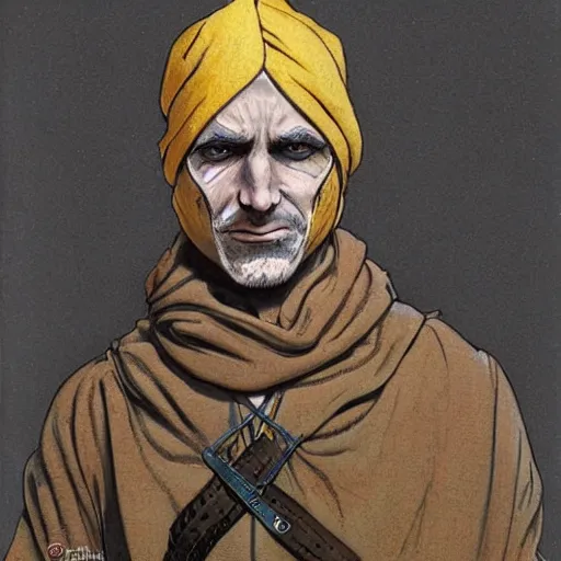 Image similar to Kethlan the elven desert bandit. Robes and turban. Realistic portrait by james gurney and mœbius.