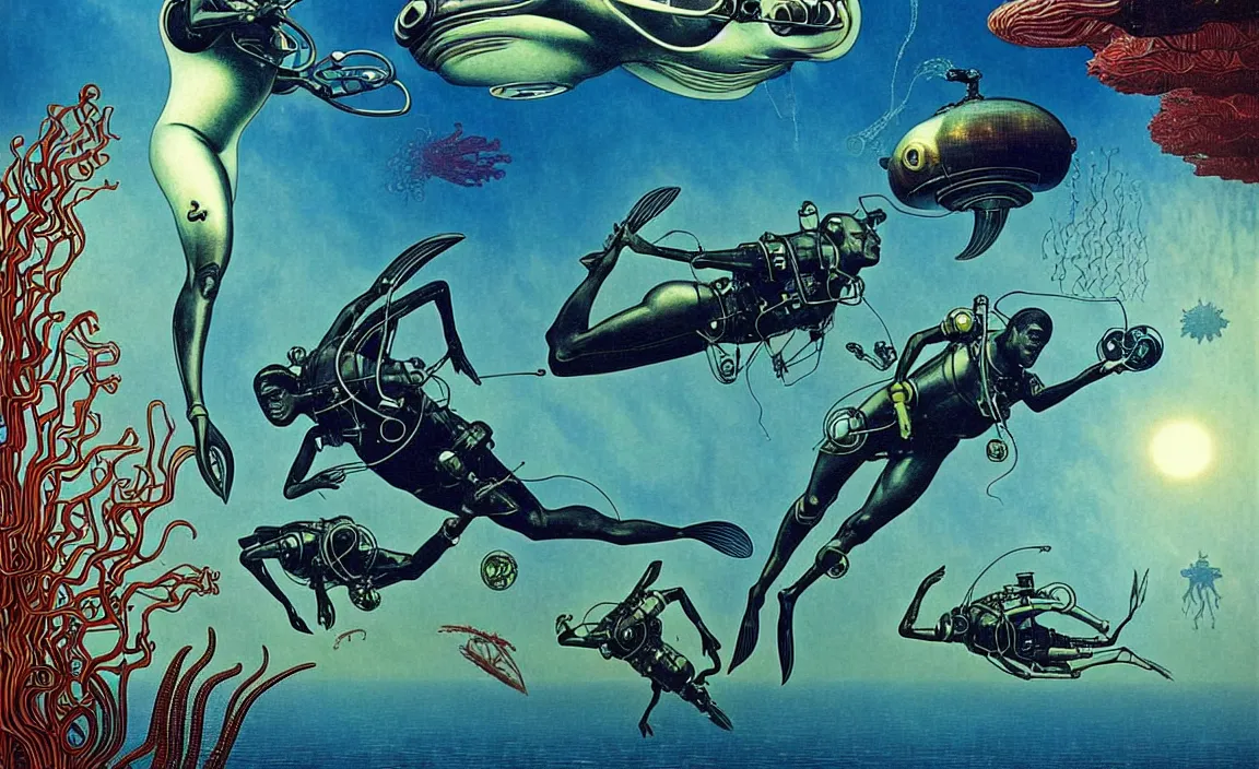 Prompt: afro - futurist scuba divers swimming away from a gigantic alien fish, hyperrealistic digital painting by denis villeneuve, amano, yves tanguy, alphonse mucha, ernst haeckel, max ernst, roger dean