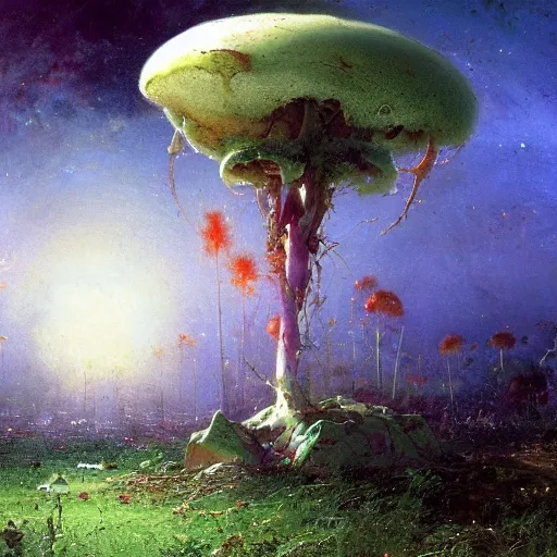 Prompt: a lovely picture of a mycelium alien by john berkey, by george inness, by john harris, purple and red and white gradient colour theme, trending on deviantart, rendered in blender, 8 k resolution