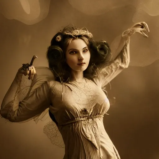 Image similar to full body pose, hyperrealistic vintage photograph of a adult fairy woman, dim volumetric lighting, 8 k, octane beautifully detailed render, extremely hyper detailed, intricate, epic composition, cinematic lighting, masterpiece, trending on artstation, very very detailed, stunning, hdr, smooth, sharp focus, high resolution, award, winning photo, dslr, 5 0 mm