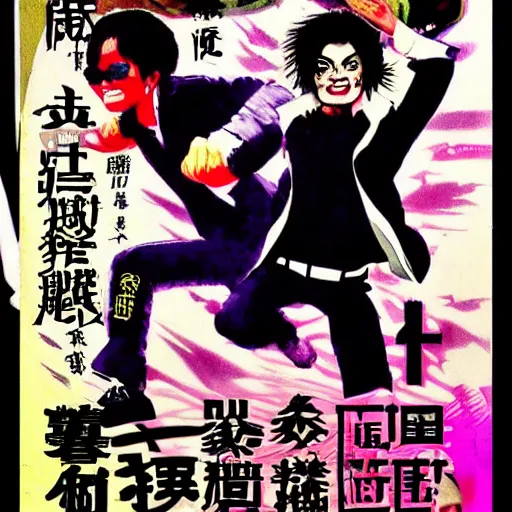 Prompt: glossy old advertising poster, michael jackson moonwalking!!!!! through crowded hong kong street, vendors, zombies, drawn comic by junji ito, pastels, gradient