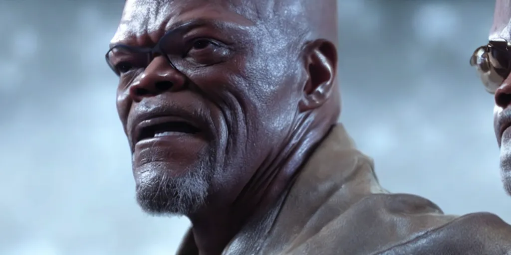 Image similar to a film still of samuel l. jackson starring in a japanese blockbuster film as yoshimitsu, shallow depth of field, cinematic, award winning cgi, vfx, film still