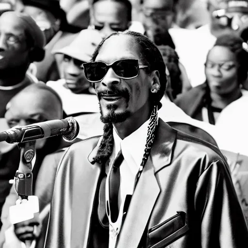 Image similar to vintage photograph of Snoop Dogg speaking at the Million Man March, Sigma 40mm, portrait, black and white