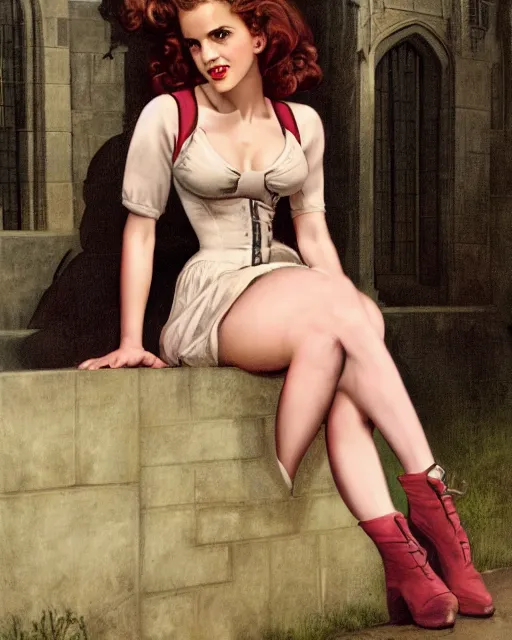 Image similar to pinup photo of hermione granger by emma watson in the crowded square of hogwarts, by gil elvgren, glossy skin, pearlescent, very coherent, very detailed