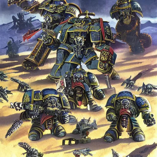 Image similar to Warhammer 40k space Marines fighting dinosaurs, by John blanche