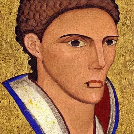 Image similar to A 11th century Italo-Byzantine painting of Jerma985, portrait of Jerma985, grainy, realistic, very realistic, hyperrealistic, highly detailed, very detailed, extremely detailed, very neat, very epic, very cool, detailed, trending on artstation