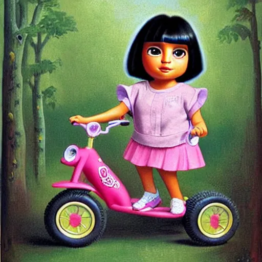 Image similar to Dora The Explorer on a tricycle, lowbrow painting by Mark Ryden