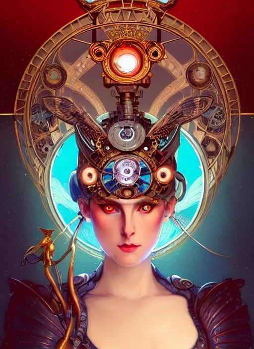 Image similar to the goddess artemis smirking, mechanical owl perched on shoulder, steampunk, glowing eyes, volumetric lights, red and cyan theme, art nouveau botanicals, intricate, highly detailed, digital painting, artstation, concept art, smooth, sharp focus, cinematic, illustration, beautiful face, art by artgerm and greg rutkowski and alphonse mucha