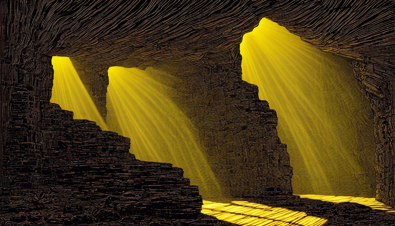 Prompt: cave with light rays by dan mumford and peter doig and edward hopper, symmetrical, minimal, black ink, thick lines highly detailed, muted colours 8 k