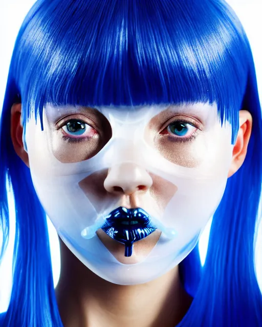 Image similar to symmetrical close - up portrait of a woman wearing a translucent silicone beauty mask and blue hair buns, wearing a black bodysuit by alexander mcqueen, blue background, soft diffused light, biotechnology, humanoide robot, bjork aesthetic, translucent, by rineke dijkstra, intricate details, highly detailed, masterpiece,