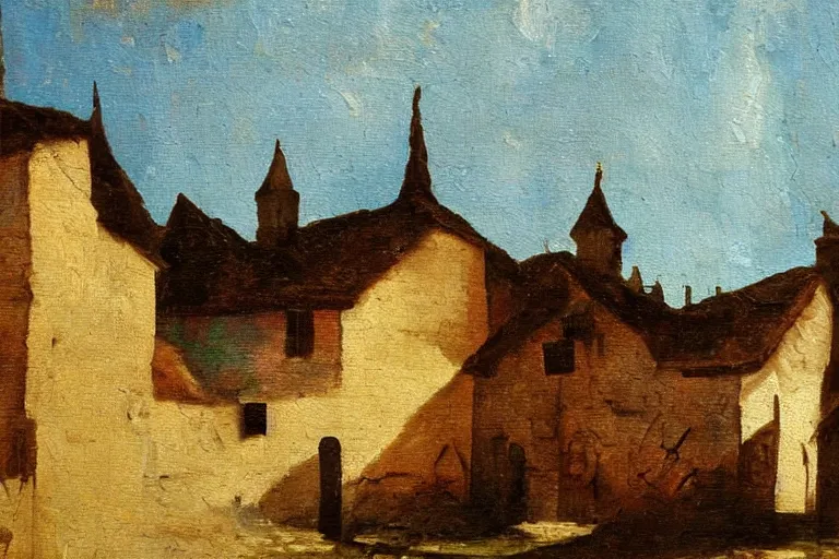 Image similar to old village, middle ages, oil painting, oil in canvas, brushstrokes