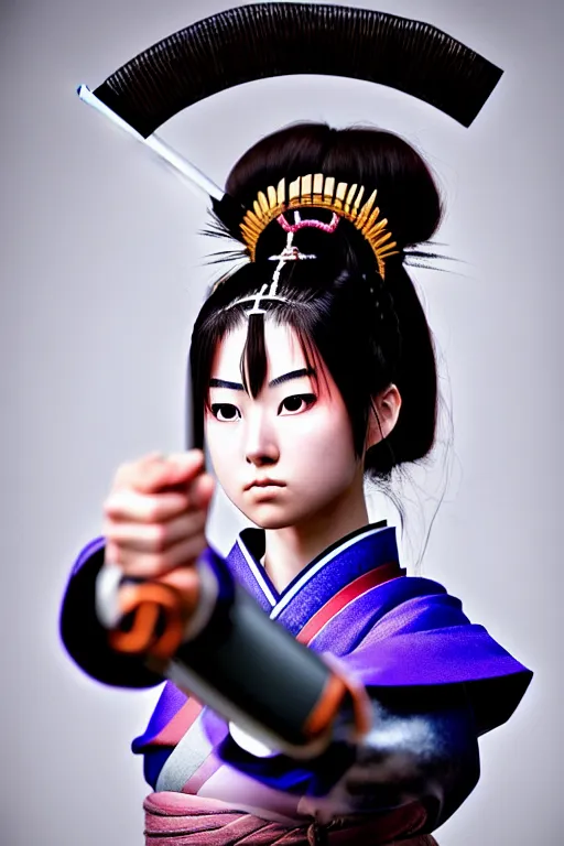 Image similar to highly detailed beautiful photo of a young female samurai, practising sword stances, symmetrical face, beautiful eyes, realistic anime art style, 8 k, award winning photo, pastels, action photography, 1 / 1 2 5 shutter speed, dramatic lighting