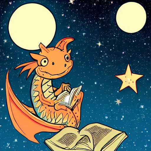 Image similar to cute dragon reading a book under the stars