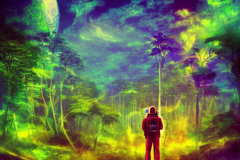 Image similar to digital art of a surreal jungle, astronaut walking, psychedelic sky, mysterious crazy world, raining at night, glowing trees, pulping sky