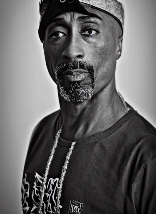 Image similar to DSLR photo portrait still of 50 year old age 50 Tupac at age 50!!!, 85mm f1.8