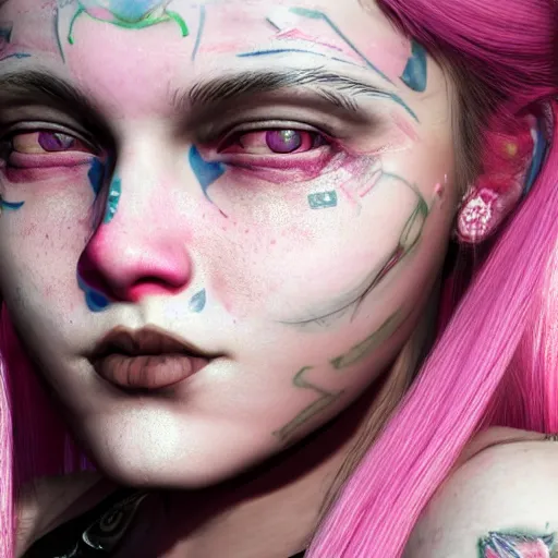 Image similar to An octane 3d render of a girl with pink pigtails, and face tattoos, 8d, HD, hyper detailed, intricate details, photorealistic, dynamic lighting, stunning visuals, creative, trending on art station,