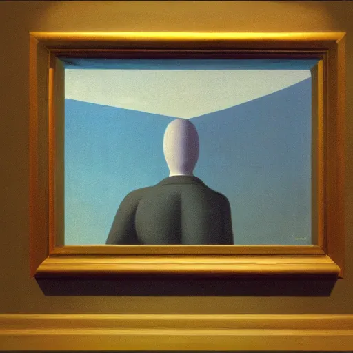 Prompt: conceptual painting called 'today I am thinking about death by René Magritte and Edward Hopper, oil on Canvas.