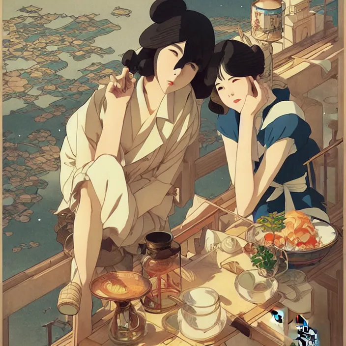 Prompt: japanese city, summer, in the style of studio ghibli, j. c. leyendecker, greg rutkowski, artem