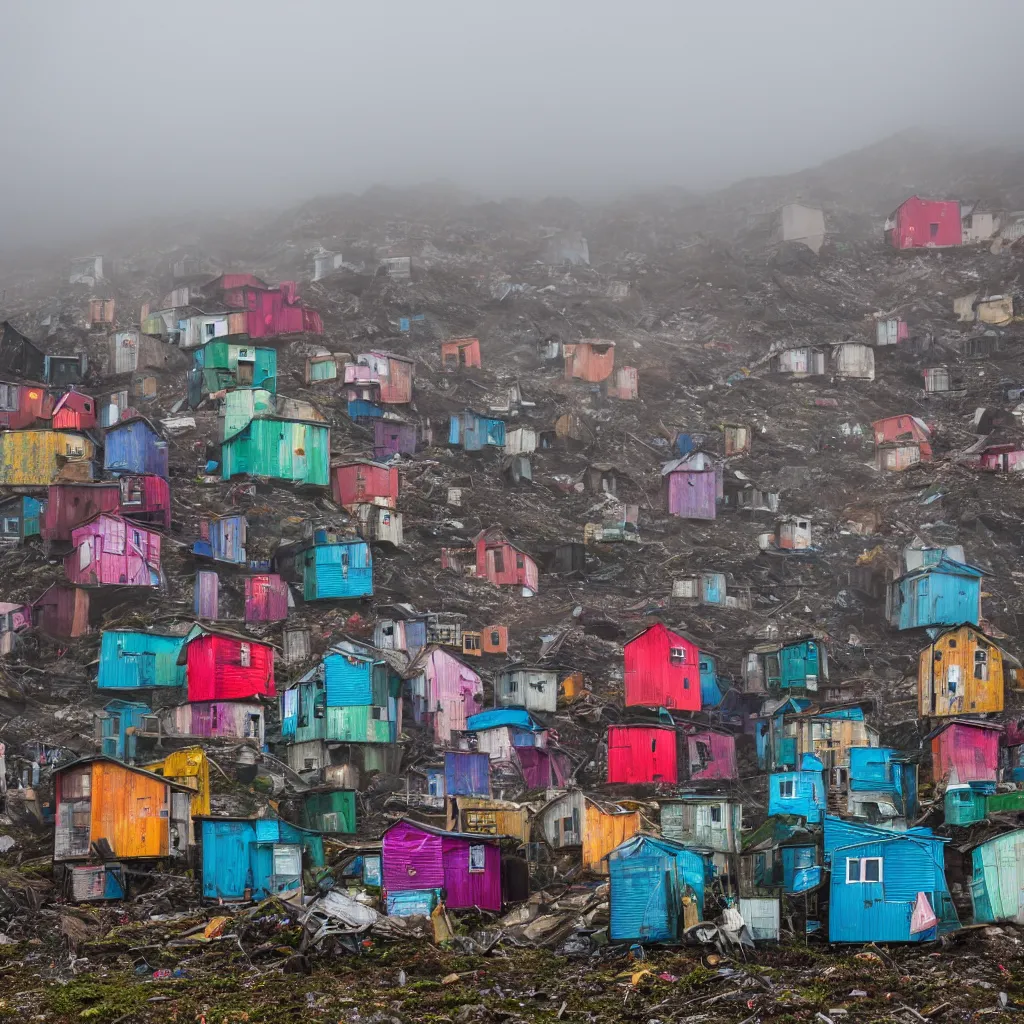 Image similar to two towers, made up of colourful makeshift squatter shacks, uneven dark fog, dystopia, sony a 7 r 3, f 1 1, ultra detailed, photographed by jeanette hagglund