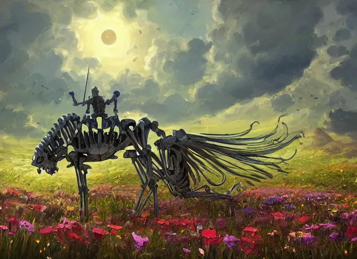 Prompt: a knight's skeleton killed long ago lays in a vast flower field in the cosmic sky by vladimir volegov and alexander averin and peder mørk mønsted and ross tran and raphael lacoste