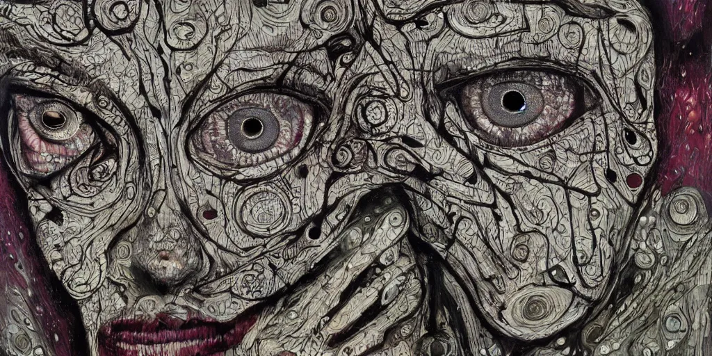 Image similar to camo of eyes, technical, acrylic, teeth, eerie, tribal, clay, dots, lines, stipple, points, grid, cybernetic, old painting, francis bacon, swirly eyes, hypnosis, eerie, sharp