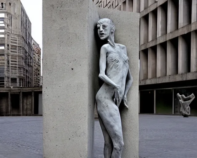 Image similar to by francis bacon, louise bourgeois, bruno catalano, mystical photography evocative. an fractal concrete brutalist carved sculpture, standing in a city center.