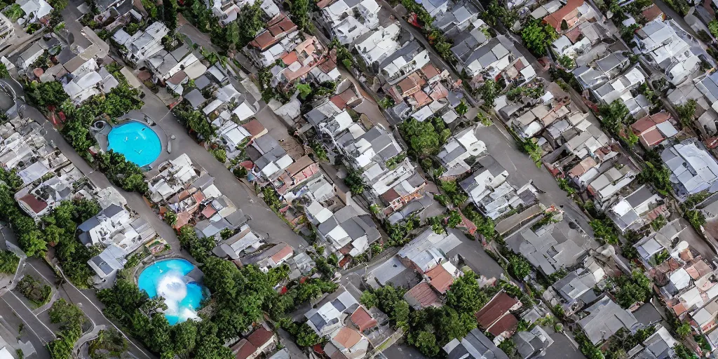 Prompt: isometric view of residential apartments being swept away by a tsunami, drone shot, hyper realistic aerial photography, 8k award-winning image